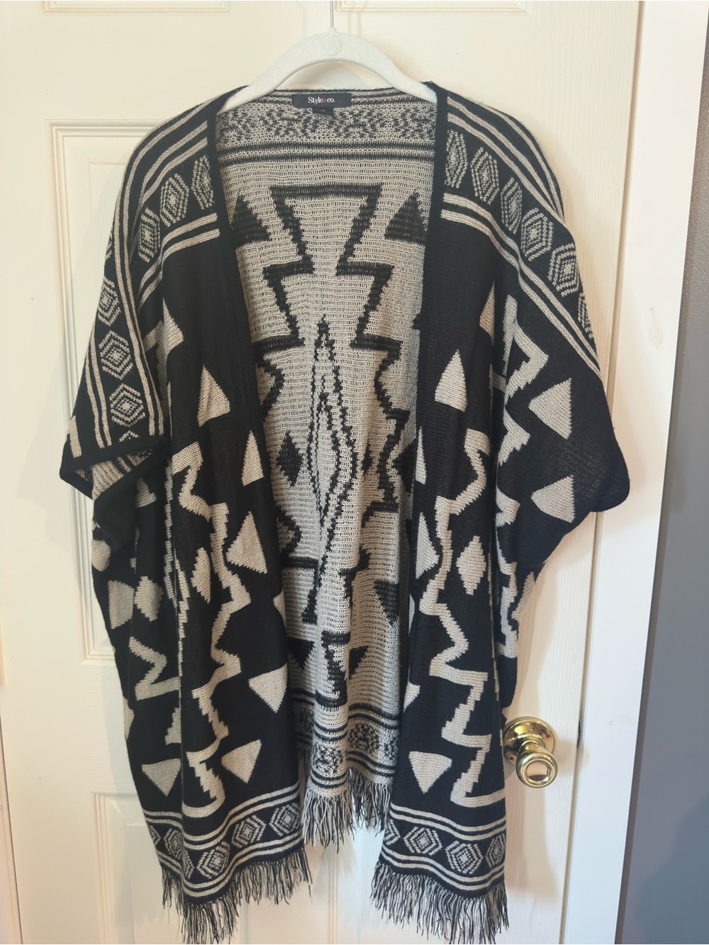 Style & Co. Black and Cream Aztec Open Cardigan with Fringe Trim